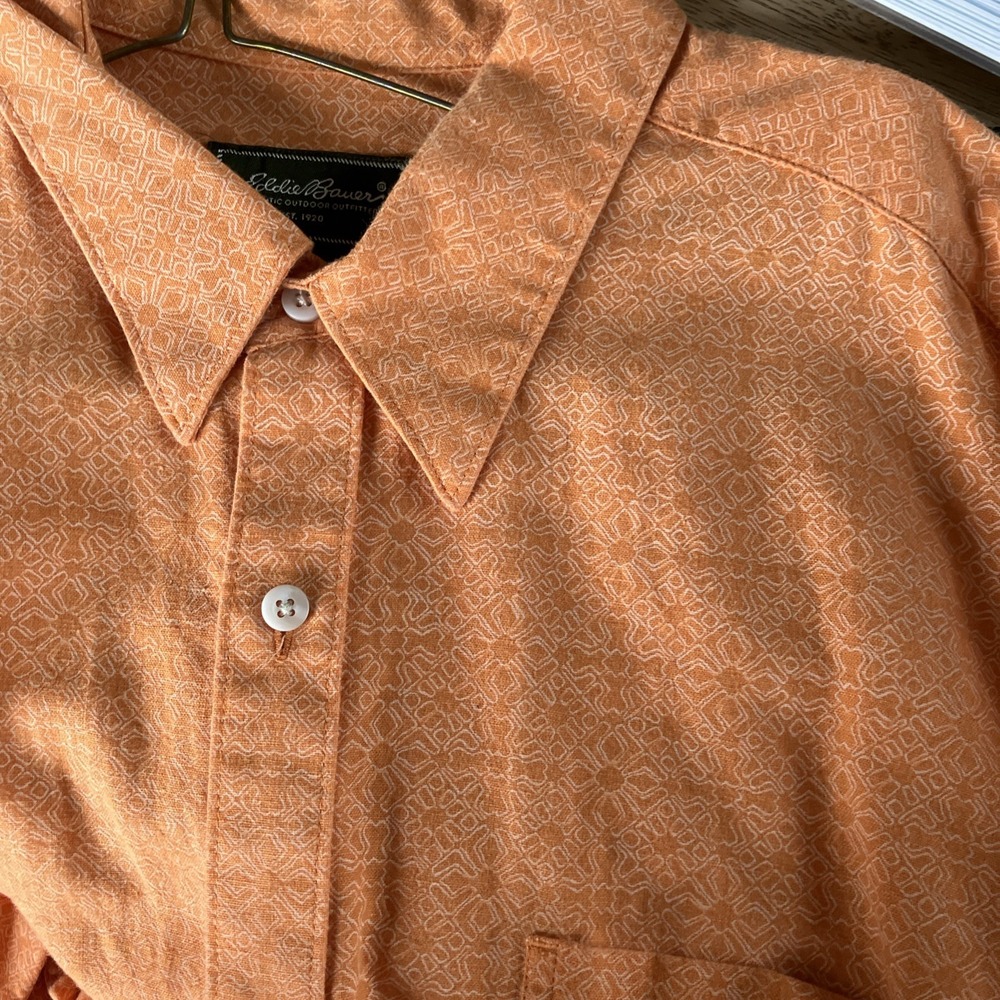 Eddie Bauer Orange Print Linen Blend Button Down‎ Collar Shirt Mens Sz XL Aloha